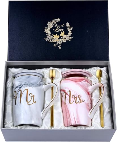 Mr and Mrs Coffee Mugs Set Wedding Gift Set for couple Valentines Christmas Gift for Bride and Groom Bridal Shower Engagement Wedding Married Couples Anniversary 14Oz Ceramic Marble Cups