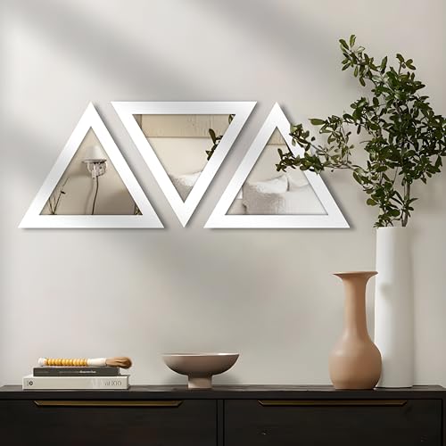 Image of Art Street Acrylic Triangle Decorative Wall Mirror Set of 3 Triangle Shape Mirror for Home Decoration, (9x9 Inch, White)