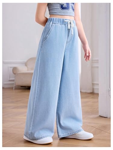 WDIRARA Girl's Elastic Waist Baggy Jeans Casual Wide Leg Denim Pants with Pockets4