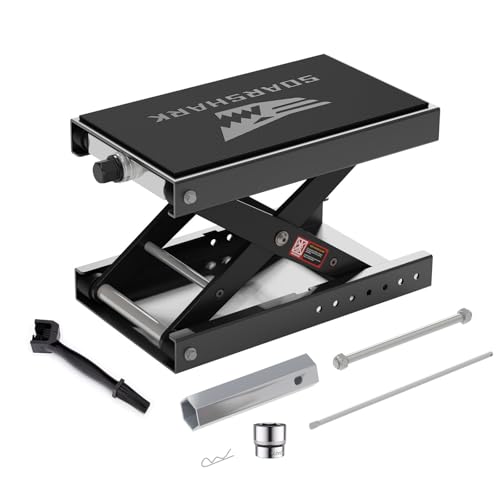 SOARSHARK Aluminum Motorcycle Scissor Lift Jack 1 100LBS Heavy Duty Dirt Bike Stand with Upgraded M16 Screw & Double Reinforcement Shafts Non-Slip Rubber Pad Saddle for ATV Cruiser (Black)