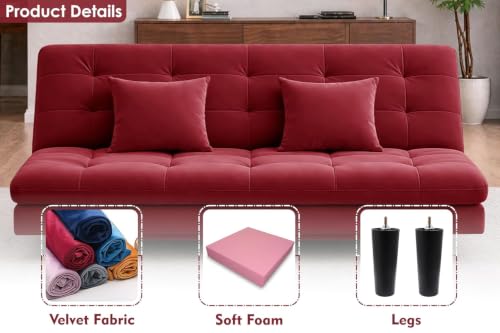 Image of Rosebell Modern Wooden 3-Seater Sofa Cum Bed Foldable Velevt Fabric Sofa for Living Room, Guest Room & Office-Red-Color
