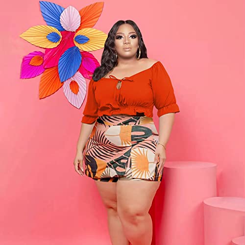 Image of Women Plus Size Skirt Two Piece Outfit Short Sleeve Off The Shoulder Crop Top shorts Dress Suit Set