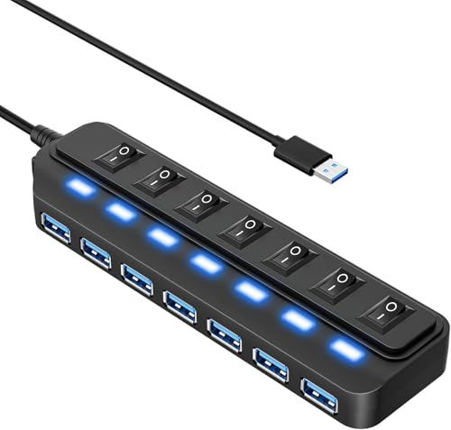 Likorlove USB Hub 3.0, 7-Port USB Verteiler mit Schalter & LED, Datenhub 5 Gbit/s, 60 cm Kabel, ultradünn, kompatibel mit PC, Laptop, MacBook, iMac, Surface Pro, PS4/PS5
