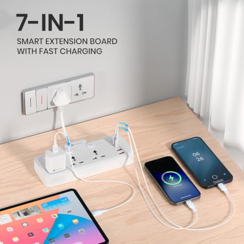 Image of Portronics Power Plate Prime 7-in-1 2500W Power Extender, 3 Universal Sockets & 4 USB Ports, Individual Switches, 180 Flexible Cord, Child Safety Shutters, for Home, Office, Laptops