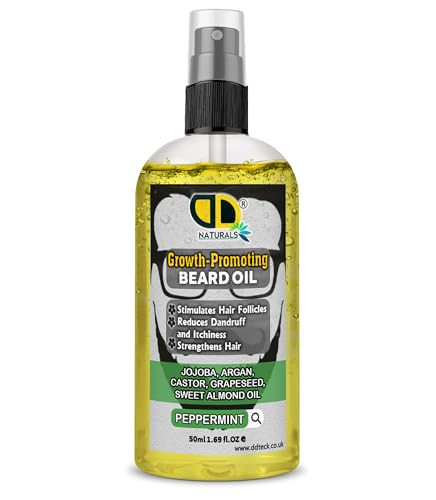 Image of DD Teck Beard Growth Oil for Men with Peppermint – Stimulates Hair Follicles, Strengthens & Moisturizes, Stops Itch & Dandruff – Jojoba, Argan, Castor, Grapeseed, Almond Oil (50ml Spray)