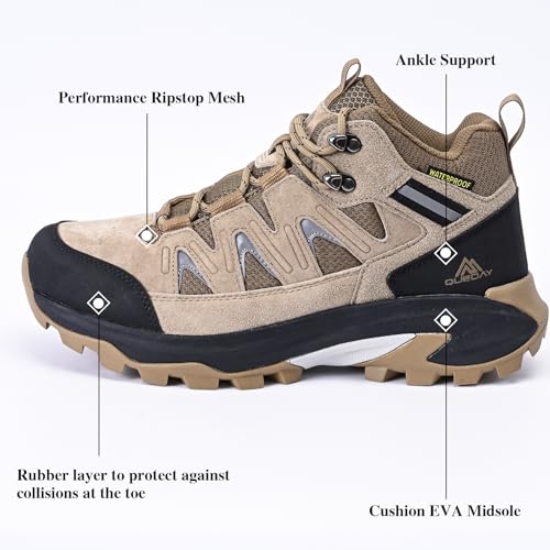 Queday Mens Womens Leather Waterproof Hiking Boots Lightweight Outdoor Walking Shoes Breathable Suede Hike Trekking Trails Camping Climbing2
