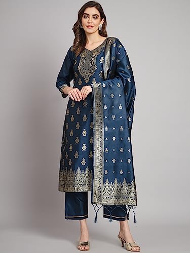 Image of VredeVogel Women's Cotton Silk Jacquard Kurta Pant Set with Banarasi Silk Dupatta