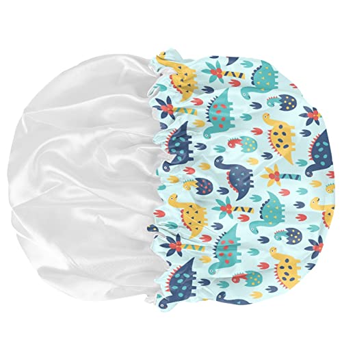 Image of Cute Dinosaur Novelty Print Kids Satin Sleep Cap, Elastic Adjustable Band Hat Night Sleeping Head Cover for Hair Stylish Satin Bonnet Beanie Hat for Girls Boys Toddler Baby