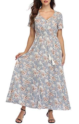 Image of VintageClothing Women's Floral Maxi Dresses Boho Button Up Split Summer Casual Long Dress Beach Party Dress