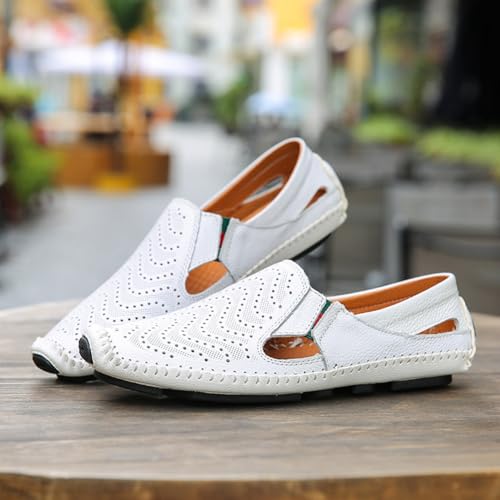 Image of Men's Breathable Summer Genuine Leather Sandal Perforated Casual Walking Driving Flats Shoes