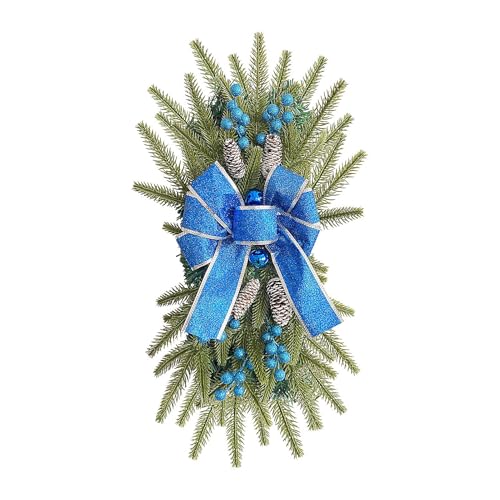 MINGZHE Artificial Christmas Teardrop Swags,Christmas Staircase Garland Simulation Staircase Decoration Hanging Pendant Stair Swags Christmas Swag Wreath 15x25 cm (Blue Bow)