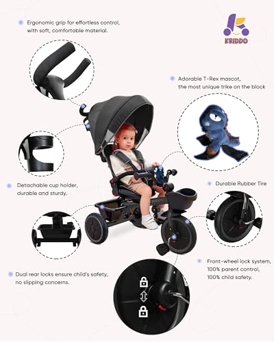 Image of KRIDDO 7-in-1 Tricycle Stroller for Toddlers 18 Months to 5 Years, Adjustable Push Handle, Rotatable Seat, Cup Holder and Retractable Canopy, Folding Baby Trike w /Detachable Guardrail, Footrest, GY