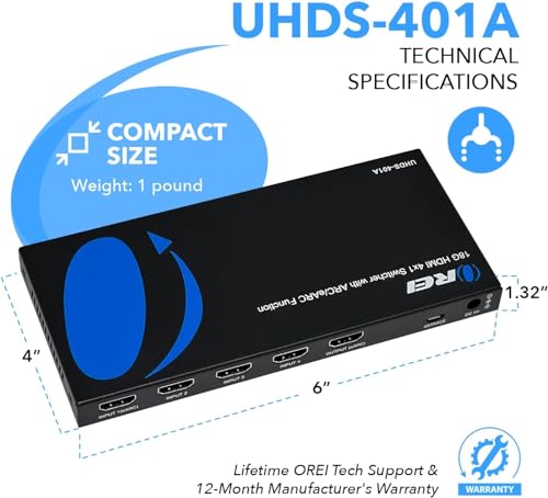 Image of OREI 4K 4x1 HDMI Switcher, Switch Between 3 Input, 1 x Soundbar to 1 TV eARC /ARC - HDMI 2.0, Dolby Atmos Passthrough CEC, HDR10, Dolby Vision