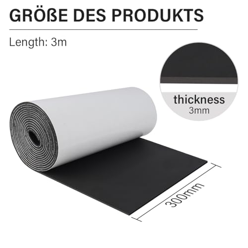 Selbstklebende Schaumstoffrolle Zellkautschuk Selbstklebend 300mm(B) x3mm(D) x3m(L) Multifunktionale Neopren Schaumstoffplatte einfach zu schneidende DIY-Zellkautschuk Platte (Schwarz)