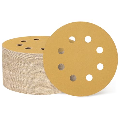 QUARKZMAN 150 Pcs 125mm 5 Inch Discos De Lijado 8 Agujeros 150 Grit Papel De Lija De Gancho Y Bucle Almohadillas Para Lijadora Orbital Aleatoria Para Carpintería Automotriz Metal, Oro