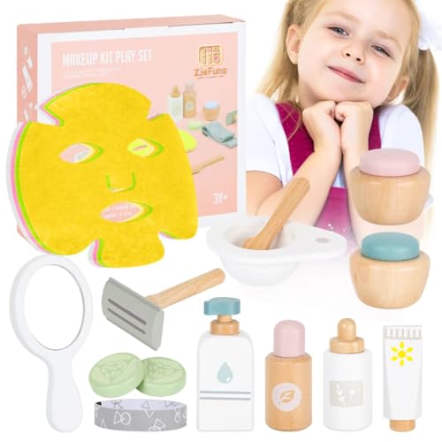 ZJEFUNS Wooden Makeup Toy Set for Kids Beauty Salon Pretend Play Toys for Toddlers Skin Care Learning Toys Cute Pretend Makeup Kit for Girls and Boys. (Beauty Salon)
