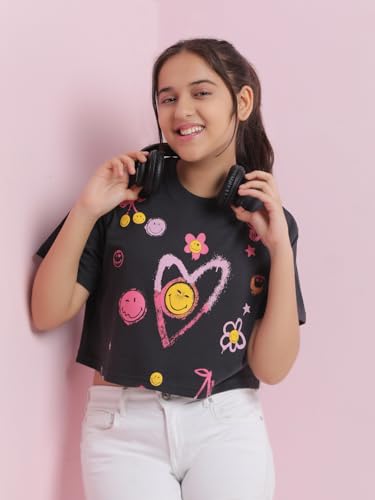 Image of Li'l Tomatoes Girls Crop T-Shirt | 100% Cotton | Graphic Printed Summer Top | Soft & Breathable Casual Wear | 7-16 Years