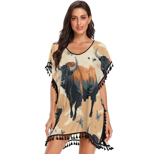Chinese Style Cow Butterfly Women's Beach Cover Up Chiffon Tassel Swimwear Swimsuit Coverups for Girl
