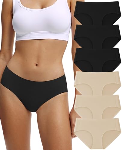 Image of Seamless Cotton Underwear for Women No Show Bikini Panties 6 Pack | Full Coverage Sexy Hipsters, Soft Comfort Fabric, Stay Put Fit, Invisible Under Clothing, All Day Wear, Work Travel Home