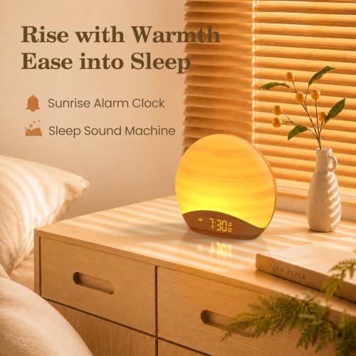 Image of REACHER Natural Wood Grain Sound Machine Sunrise Alarm Clock，26 Nature Inspired Sleeping Sounds, 0-100% Dimmable Clock, Night Light,Brown /Pink /White Noise Sound Machine for Babys, Kids, Adults