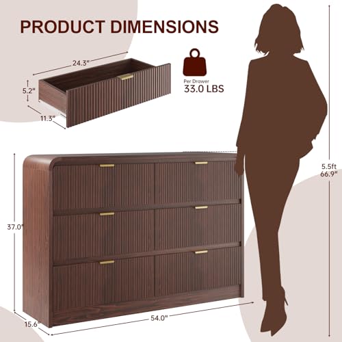 FURSUN Fluted 6 Drawers Dresser for Bedroom, 54" Wide Wooden Dresser with Metal Handle, Curved Profile Design, Modern Storage Organizer for Living Room, Hallway (Walnut)