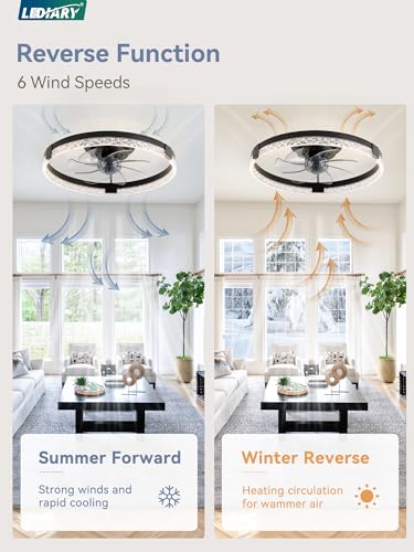 Image of LEDIARY Ceiling Fans with Lights, Low Profile Flush Mount Ceiling Fan, Dimmable LED, APP & Remote Control, Quiet Reversible DC Motor, 6 Speeds, Fandelier for Bedroom (Black, 19.7 inch)