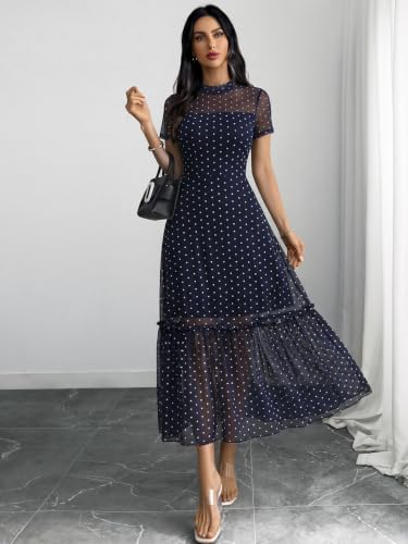 Image of GothDark Women's Summer Floral Mesh Ruffle Dress Short Sleeve Round Neck Waist Cinched Casual Maxi Wedding Guest Dresses