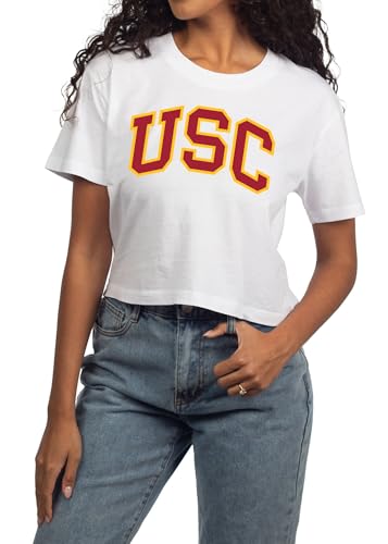 chicka-d Womens NCAA Vintage Crop Top Short n Sweet Tee | Classic Arch Over Neutral USC Trojans Small