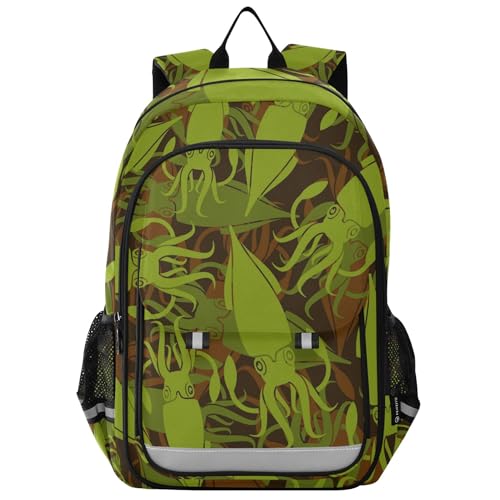 Green Squid Backpack School Backpack Lightweight Laptop Backpack Students Book Bag with Reflective Stripes