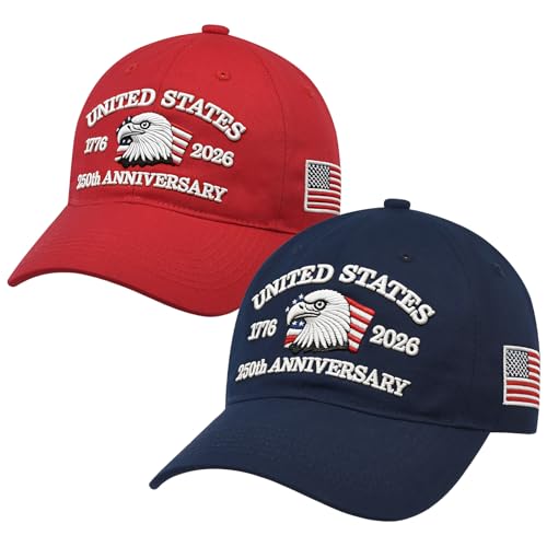 LCZTN 2 Pack 250th Anniversary USA Hat 2026 Patriotic Baseball Cap for Men Women American 250 Year Anniversary Merchandise (US Alpha One Size Navy Blue Red)