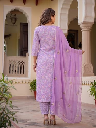 Image of ANNI Designer Rayon Viscose Printed Straight Kurta with Pant and Dupatta for Women | Rayon Viscose Purple | 3 /4 Sleeve | Round Neck | Ethnic Wear Casual Wear