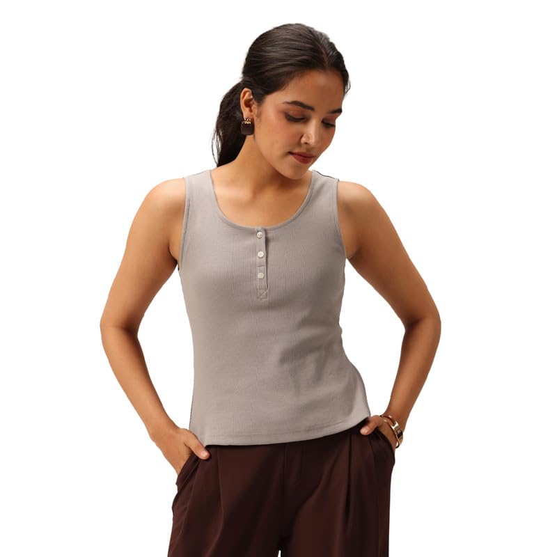 Débardeur Henley femme ajusté top col rond 3 boutons stretch
