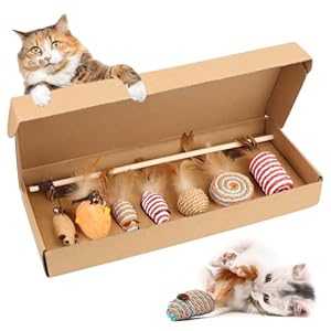 Encuryna Katzenspielzeug Set, Katzenspielzeug Natur 7 Teile Set, 7-teilig mit Bällen, Mäusen, Federn & Holzangel, fördert Koordination von Kitten, Plastikfrei, Nachhaltig – Für Katzen jeden Al