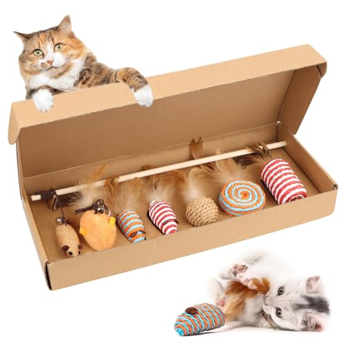 Encuryna Katzenspielzeug Set, Katzenspielzeug Natur 7 Teile Set, 7-teilig mit Bällen, Mäusen, Federn & Holzangel, fördert Koordination von Kitten, Plastikfrei, Nachhaltig – Für Katzen jeden Al Encuryna Katzenspielzeug Set, Katzenspielzeug Natur 7 Teile Set, 7-teilig mit Bällen, Mäusen, Federn & Holzangel, fördert Koordination von Kitten, Plastikfrei, Nachhaltig – Für Katzen jeden Al