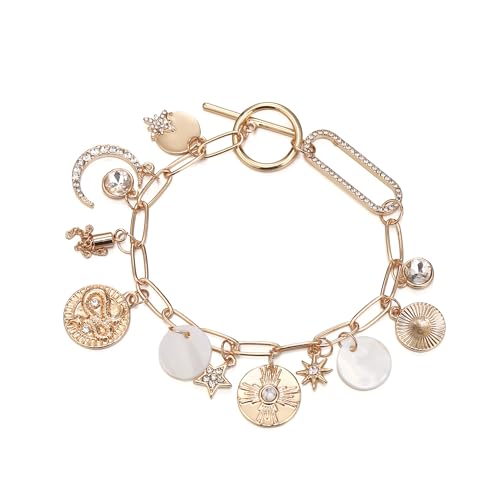 FANZE Vintage Roman Cameo Coins Moon Star Paperclip Lucky Gold Chain Charm Bracelets for Women Trendy Jewelry Gift for Birthday Anniversary Valentines Chrismas Mother's Day Halloween Thanksgivng