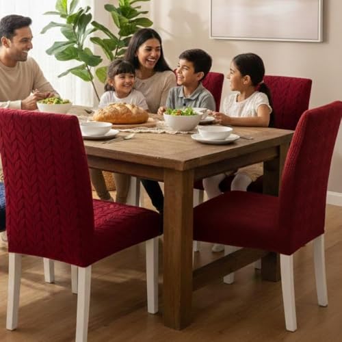 Image of HOMETHREADS Stretchable Elastic Jacquard Chair Seat Cover - Removable & Washable, Durable Seat Protector for Dining Room, Kitchen, Restaurant & Party Chairs (Maroon, Pack of 8)