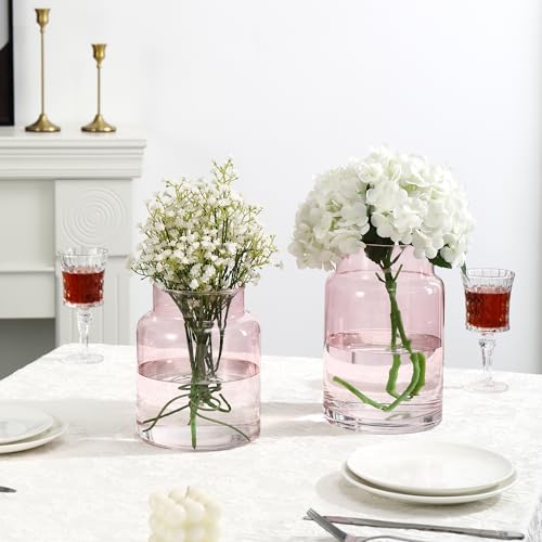 Grands vases en verre rose à large ouverture pour bouquets de fleurs et décoration
