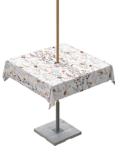 Square Tablecloth with Umbrella Hole, Spring Flowers Bird Summer White Outdoor Zippered Table Cloth for Square Tables Waterproof Fabric Tabletop Collection for Patio, Garden, Picnic 54 x 54 Inch