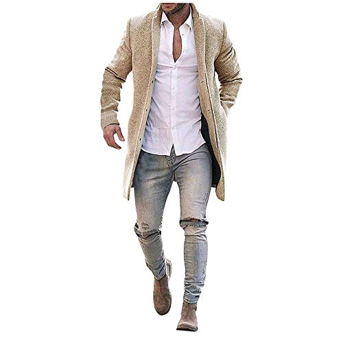 Trench Coat for Men's Fashion Single Breasted Long Pea Coat Casual Winter Wool Long Coat for Business Work Khaki