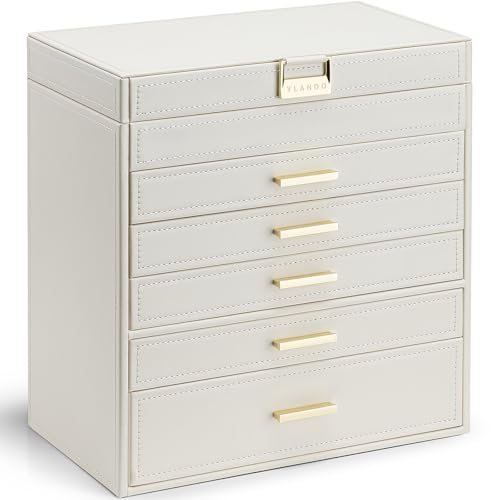 Vlando 6 Layer Large Jewelry Box - Jewelry Holder Organizer, Jewelry Box Organizer for Drawer Necklace Ring Bracelet and Watch, Birthday Gift for Loved Ones - Beige Apricot White 6 Layer-Nec