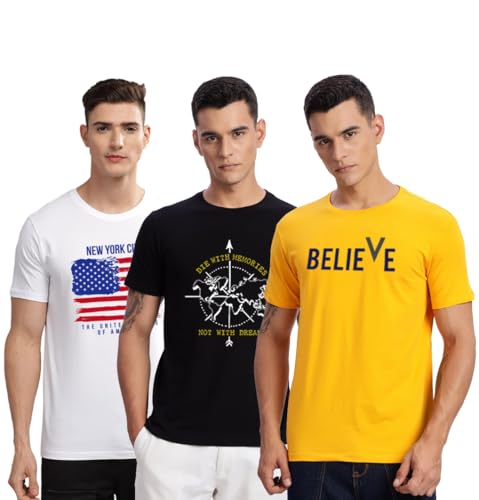 Image of ADRO 100% Cotton Lycra Tshirts for Men Combo Pack of 3 | Regular Fit | Printed T Shirt | Round Neck Half Sleeve| Mens Tshirts