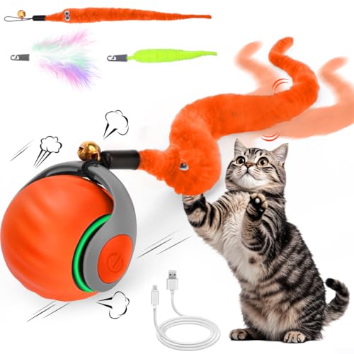 Image of Mity rain Interactive Cat Toy Ball, Rechargeable Cat Toys for Indoor Cats | with Feather Tails for Kittens Chasing, Motion Activated Ball for Enrichment, Automatic Rolling Toys to Keep Them Busy Orange