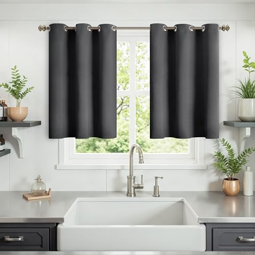 Image of YoungsTex Blackout Curtains 36 Inch Length for Kitchen Window - Short Thermal Insulated Drapes with Grommet Privacy for Cafe Bathroom Windows, Dark Grey, 2 Panels, 42 x 36 Inch