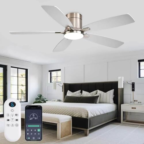FUMLTP 52 inch Ceiling Fans with Lights, Flush Mount Ceiling Fan with Light and Remote/APP Control, DC Motor, Dimmable LED, Noiseless, Low Profile Ceiling Fan for Bedroom Indoor/Outdoor Use (Nickel
