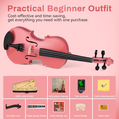 Image of Poseidon Kids Violin Beginner, 1 /2 Size Violins, Pink Violin Set Include Case, Rosin, Bow, Horse Bridge, Extra Violin Strings, Shoulder Rest, Manual Instruction
