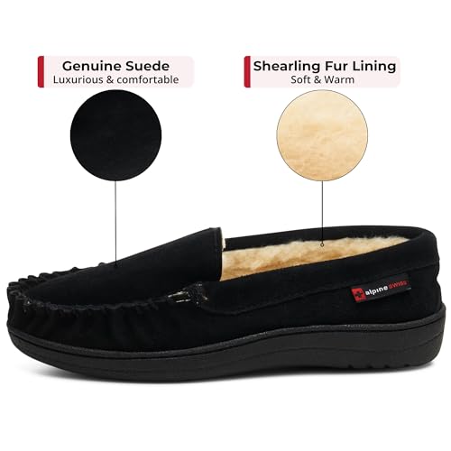Image of Alpine Swiss Men's Moccasin Slippers Genuine Suede Slip-On House Shoes Memory Foam Insoles Plush Faux Shearling Lining Comfortable Indoor Outdoor Slipper with Anti-Slip Rubber Sole