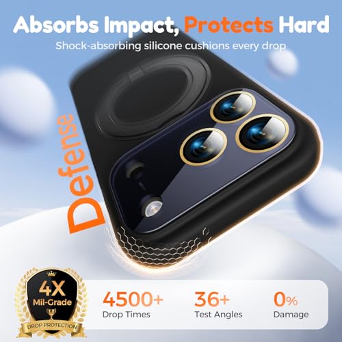 Image of Silicone 360 Spin Magnetic Stand Case for iPhone 17 Pro, [Compatible with Mag-Safe][Reinforced Hard Camera Protection] Liquid Silicone Rubber Phone Case Cover with Ring, Camera Button, Jet Black
