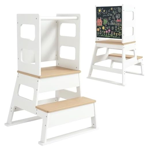 AIYAPLAY Torre de Aprendizaje 2 en 1 Taburete de Aprendizaje para Niños de +3 Años con Pizarra y Barrera de Seguridad para Baño Cocina 55x52,5x87,5 cm Blanco