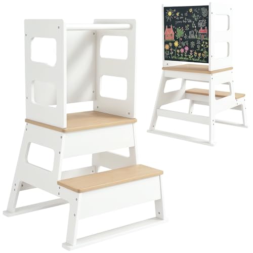 AIYAPLAY Torre de Aprendizaje 2 en 1 Taburete de Aprendizaje para Niños de +3 Años con Pizarra y Barrera de Seguridad para Baño Cocina 55x52,5x87,5 cm Blanco