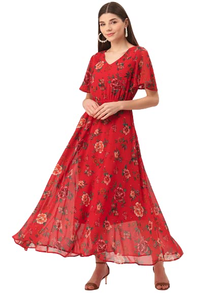 DeewaWomen's Polyester Floral Print Maxi Dress, Regular Fit, Dress, V Neck (Red)